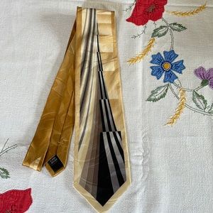 Versailles by Piattelli gold toned tie w black, gray, brown, geometric design